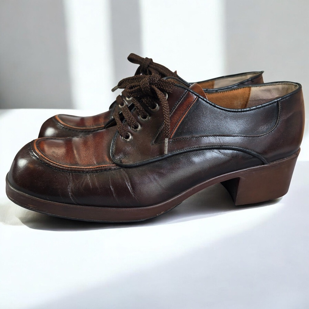 VTG 70s Pellet France Men Shoes 9.5 Brown Leather Lace Up Block Cuban Heel Disco